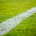 Close-up of a white line on green grass in a soccer field