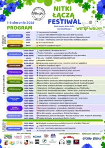 Plakat i program wydarzenia Nitki Łączą – festiwal w gminie Biała Piska 1–3 sierpnia 2025