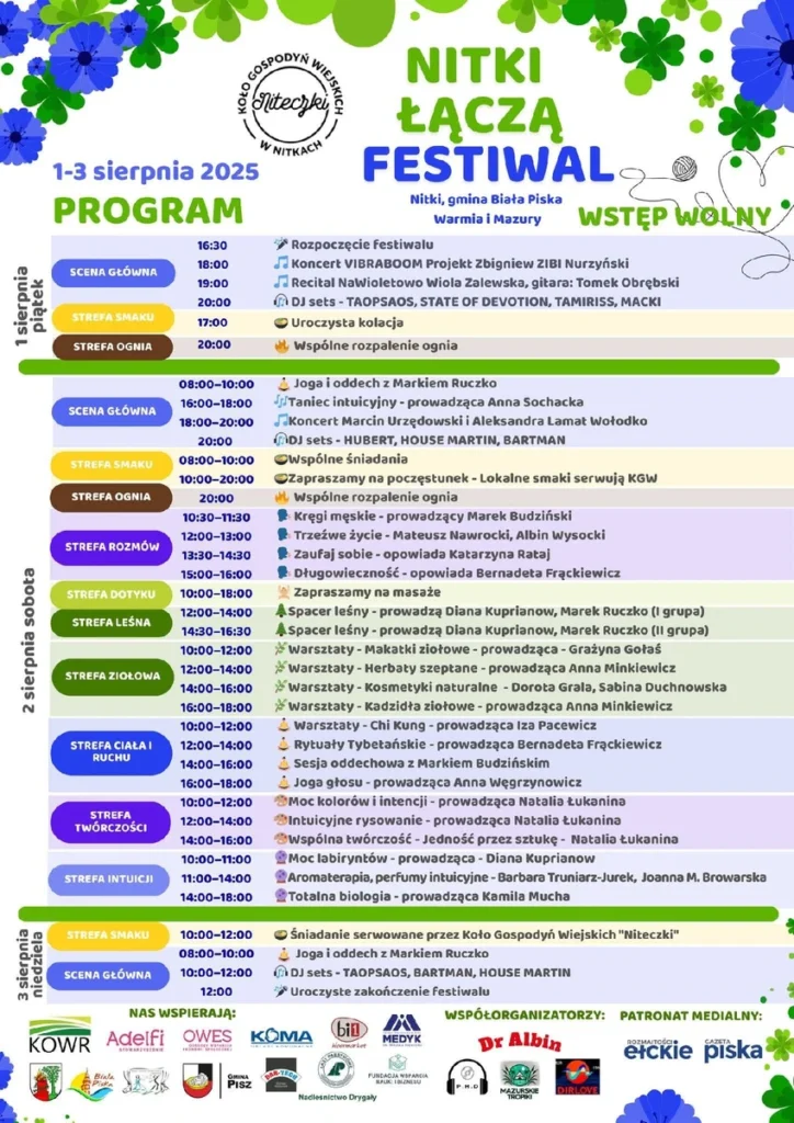 Plakat i program wydarzenia Nitki Łączą – festiwal w gminie Biała Piska 1–3 sierpnia 2025