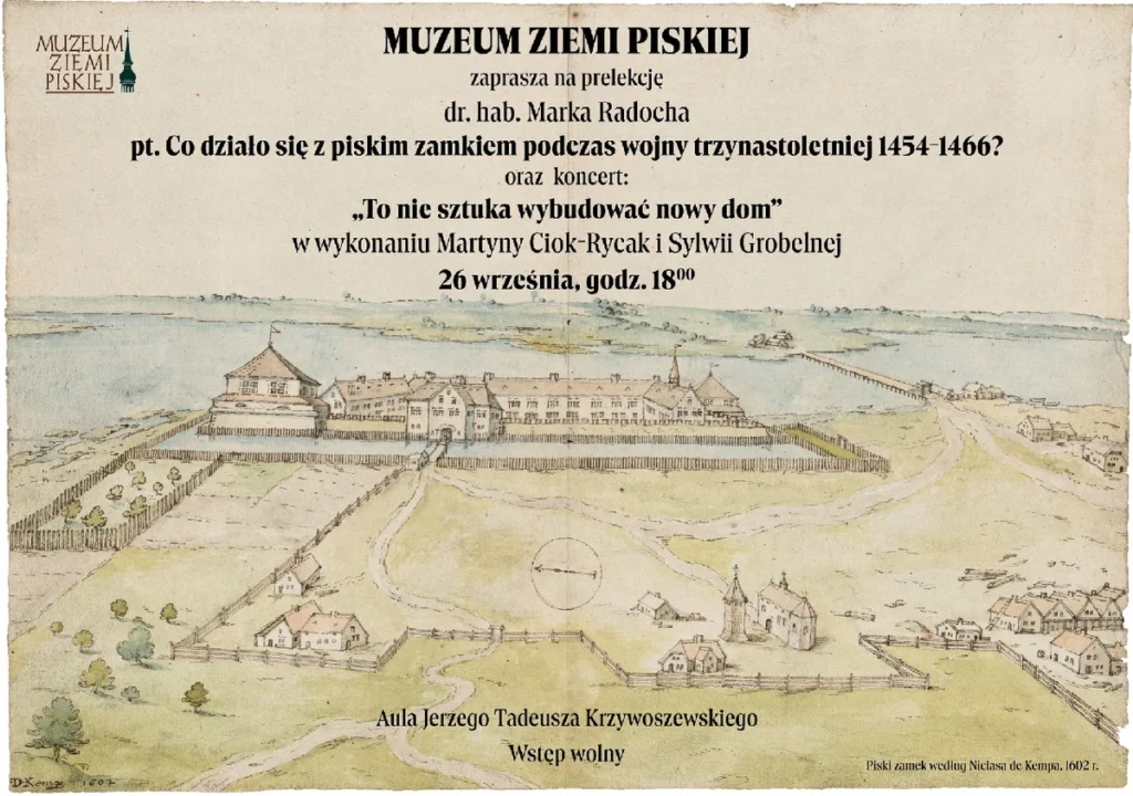 Plakat wydarzenia Muzeum Ziemi Piskiej – prelekcja i koncert 26 września