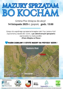 Plakat akcji „Mazury sprzątam, bo kocham” zachęcający do sprzątania brzegów rzeki Pisy i Jeziora Roś