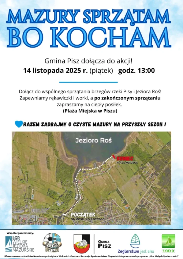 Plakat akcji „Mazury sprzątam, bo kocham” zachęcający do sprzątania brzegów rzeki Pisy i Jeziora Roś