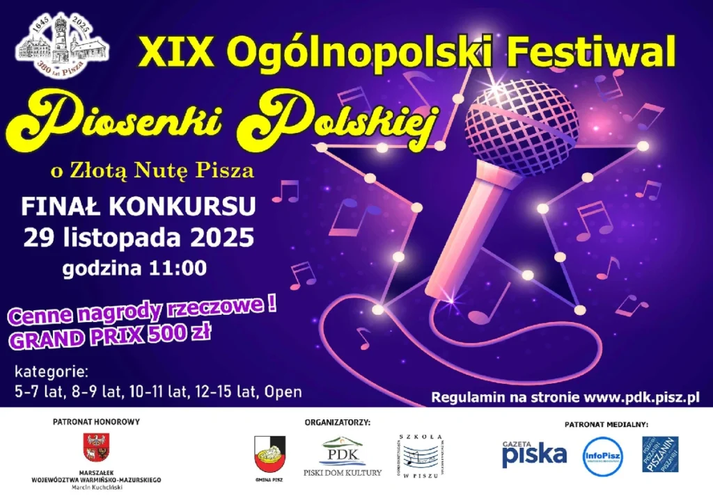 Plakat XIX Ogólnopolskiego Festiwalu Piosenki Polskiej o Złotą Nutę Pisza