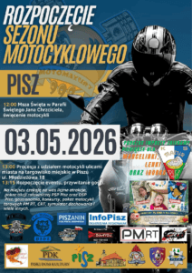 Plakat zapowiadający rozpoczęcie sezonu motocyklowego w Piszu 3 maja 2026 roku.
